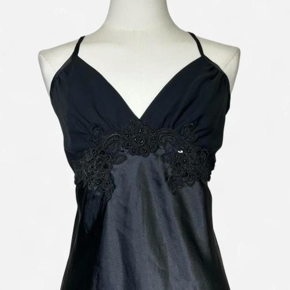 Vintage Black Satin Floral Lace Slip‎ Dress Womens M Coquette Lingerie Romantic